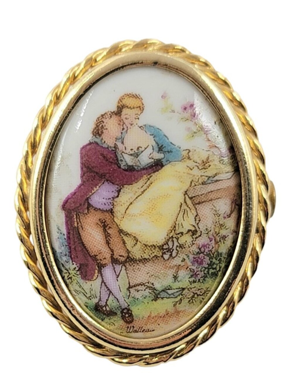 Limoges France Gold Tone Painted Romantic Couple Porcelain Cameo Brooch